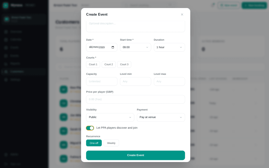 Hub calendar showing bookings across three courts by hour