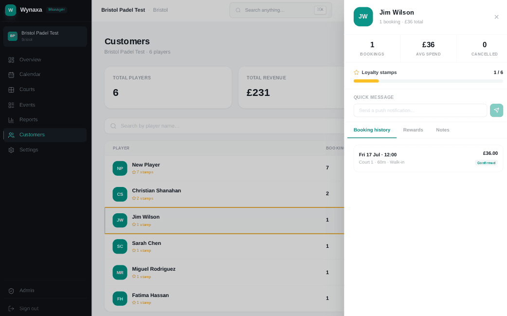 Hub courts page showing per-court utilisation and revenue
