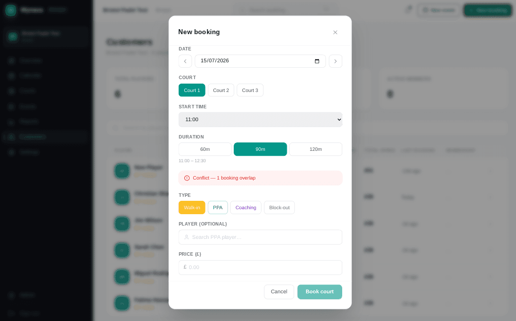 Hub overview dashboard showing today's revenue, court schedule and live booking feed